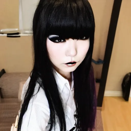Image similar to japanese girl with emo makeup and long hair, bangs
