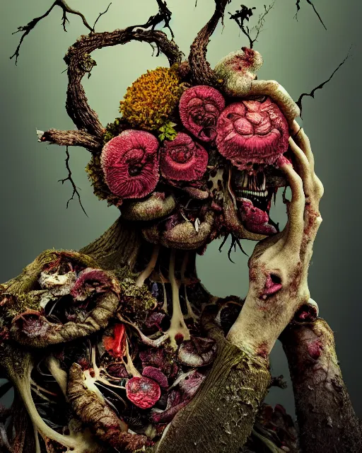 Prompt: a extremely disturbing horror photograph of a creature made out of rotten flowers and nature and fungus, intricate intertwining, hyperrealism, sharp focus, cinematography, highly detailed, octane render, horror cgi 4 k, matte, photograph by professional photographer