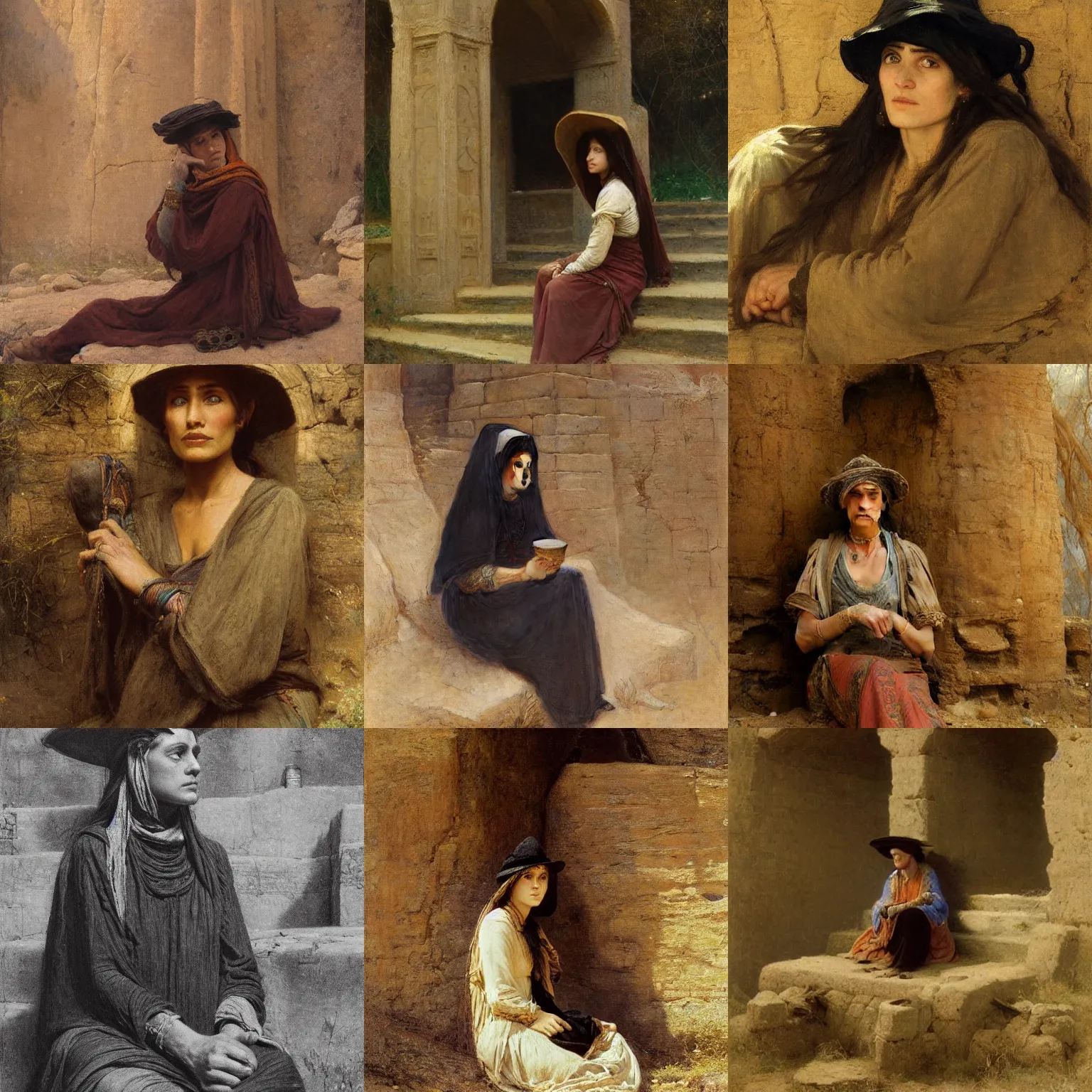 Prompt: orientalism portrait of a witch sitting in a sandstone ruin by theodore ralli and jules bastien - lepage and and edwin longsden long, hyperrealism, masterful intricate artwork, excellent lighting, high detail 8 k