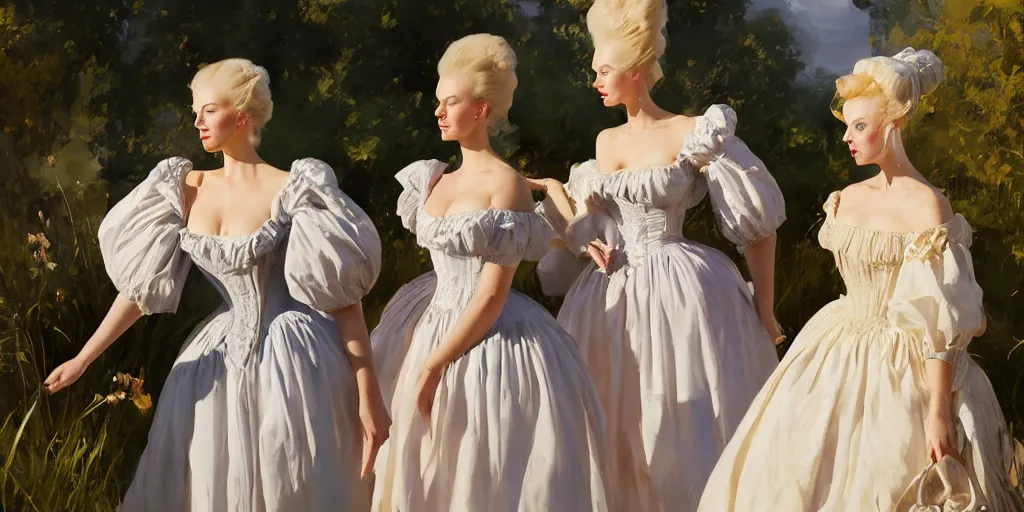 Prompt: three beautiful scandinavian attractive glamour models as marie antoinette wearing 1 7 th century french off - the - shoulder neckline bodice walking in a field sunny day, jodhpurs greg manchess painting by sargent and leyendecker, studio ghibli fantasy close - up shot asymmetrical intricate elegant matte painting illustration hearthstone, by greg rutkowski by greg tocchini by james gilleard