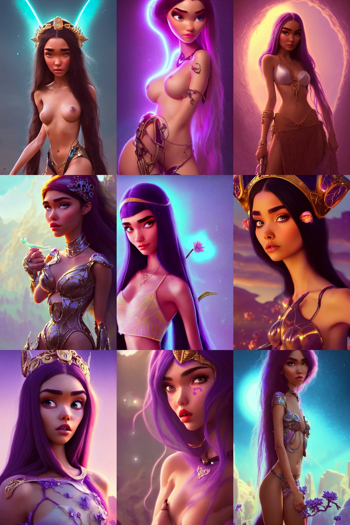 Prompt: pixar woman madison beer edm desert princess | soft creamy polished decadent alluring floral ornate masterpiece | weta disney movie still portrait photo | sci fi, fantasy, film, 8 k, highly detailed, artstation, realism | beeple, artgerm, mucha, wlop, loish |