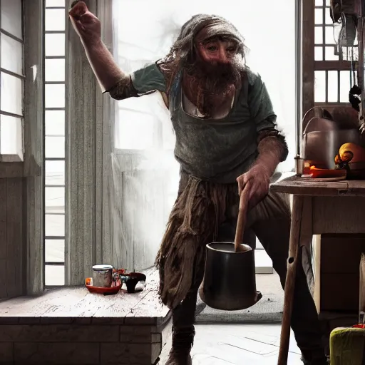 Image similar to british magical hobo breaks into some ork's kitchen and attacks them, 4 k, detailed, real life photo, sharp focus, photorealistic, cyberpunk