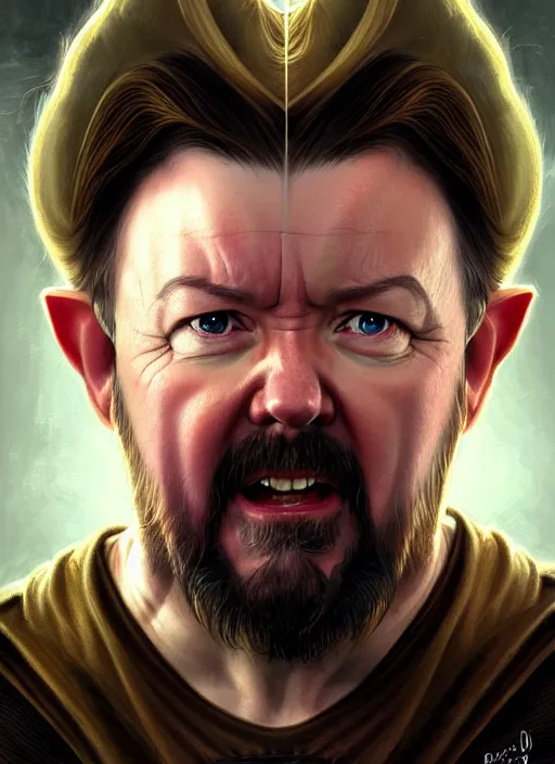 Image similar to portrait of ricky gervais as an elf, d & d, muscular! fantasy, intricate, elegant, highly detailed, digital painting, artstation, concept art, smooth, sharp focus, illustration, art by artgerm and greg rutkowski and alphonse mucha