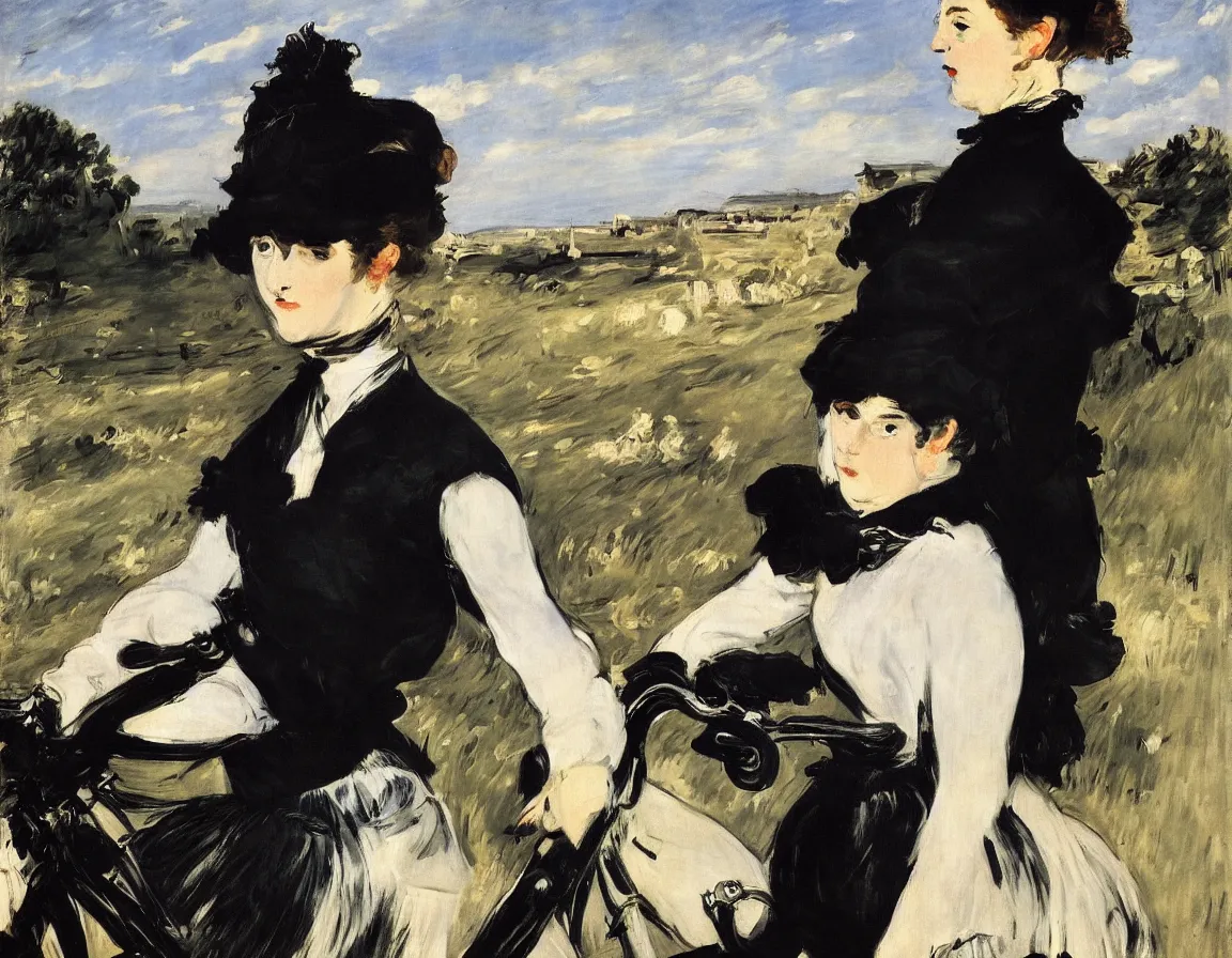 Image similar to edouard manet. a wide portrait of a marie from the side all dressed in black on a motorcycle on a highway looking over her shoulder towards us. blue sky. there is another motorcycle blurred in the background. precise thin brush strokes. expressive. emotional. modern.