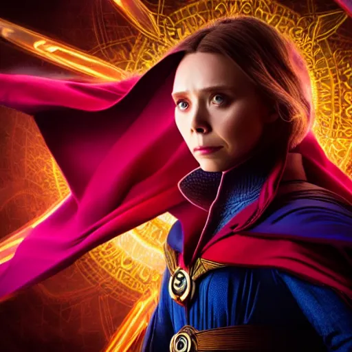 Image similar to Elizabeth Olsen as Doctor Strange, Elizabeth Olsen in Doctor Strange attire, in Avengers: Infinity War, Trending on artstation, photorealistic imagery, beautiful studio lighting, neon colorful lighting, 4k, 8k