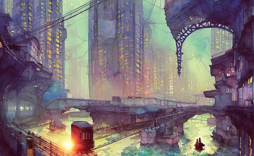 Image similar to an urban train rides inside of a waterway on a fantasy city. intricate, amazing composition, colorful watercolor, by ruan jia, by maxfield parrish, by marc simonetti, by hikari shimoda, by robert hubert, by zhang kechun, illustration, gloomy