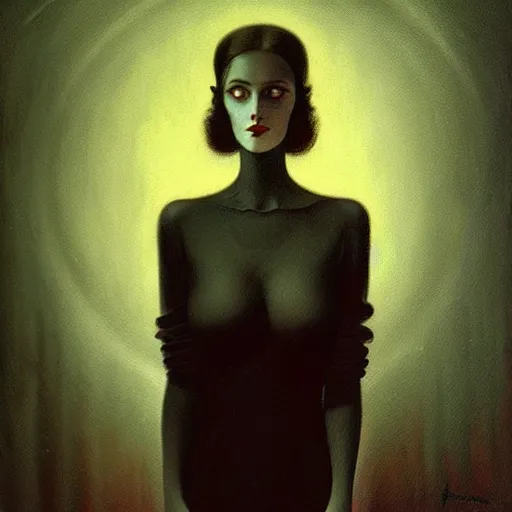 Image similar to concept portrait of woman from 2 0 s decade of xx century, dark atmosphere, lovecraftian background, lynchian atmosphere, film noir, concept art, art by kuvshinov ilya and zdislav beksinski and wayne barlowe