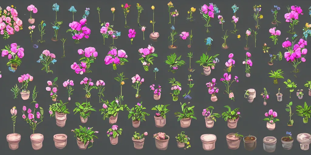 Prompt: game asset of unique pot plants and flowers on black background, organic, in gouache detailed paintings, props, stylized, 2 d sprites, kitbash, arcane, overwatch, blue and pink color scheme, 8 k, close up