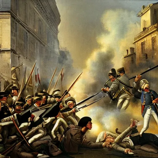 Image similar to French revolution, urban warfare, modern warfare, high detail