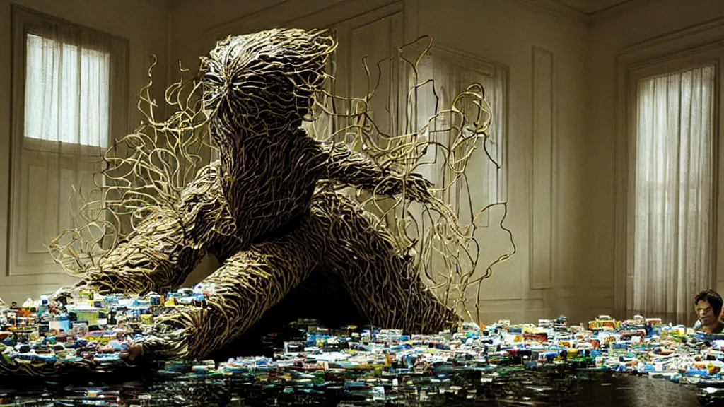 Prompt: the strange creature float through the house, made of magazines and water, film still from the movie directed by Denis Villeneuve with art direction by Salvador Dalí, wide lens