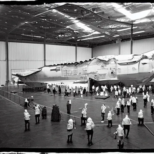 Image similar to dismantled ufo spaceship in hanger with people in hazmat suits standing around, grainy, vintage photo, sepia, old photo, realistic, detailed,