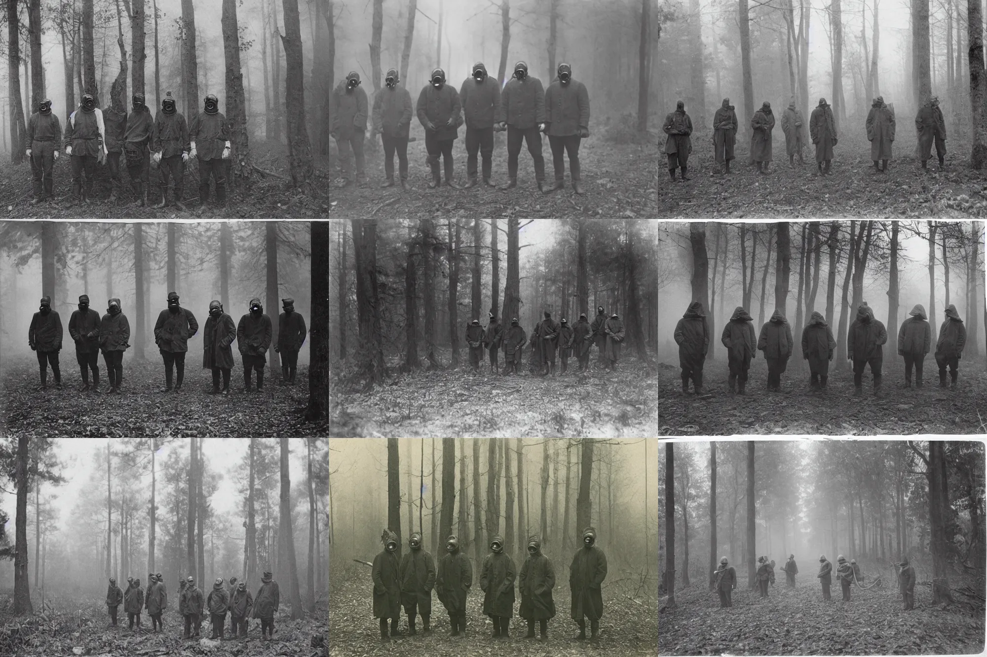 Prompt: “group of men wearing gas masks in forest, fog, 1900’s photo”