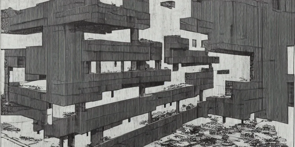 Prompt: brutalist building facing. yugoslavia, le corbusier, central symmetry, highly detailed, golden ratio, black and white color scheme, etching render