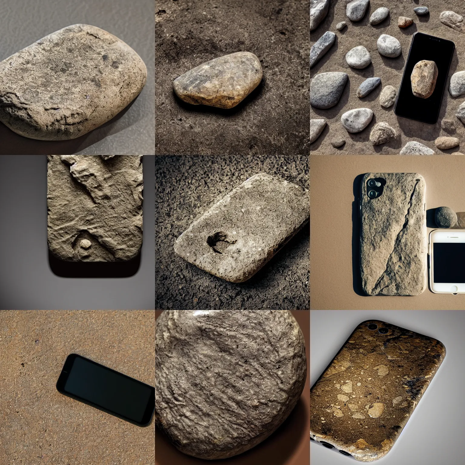 Prompt: fossil of a stone iphone from the year 1 5 0 0 bc, archeological find, dusty, direct sunlight, detailed, placed in a museum, 4 k, real
