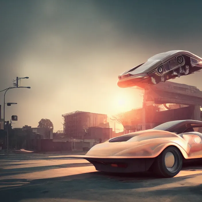 Prompt: a car made of retrofuturistic design, sunset, hazy, volumetric lighting, rtx on, washed out dark colors, an award - winning digital render, beautiful, stunning, ultradetailed, great composition