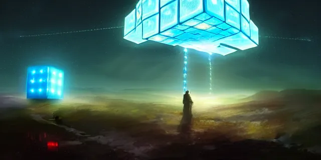 Image similar to a fleet of giant glowing futuristic cubes tied to each other with chains in the sky, a fantasy magical landscape seen in the distance, atmospheric lighting, intricate, volumetric lighting, beautiful, sharp focus, ultra detailed, in the art style of marc simonetti, bowater charlie and brom gerald, astrophotography