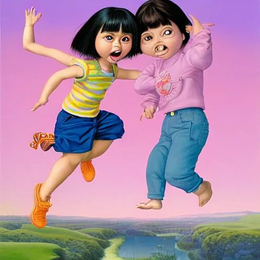 Prompt: portrait of real girl dora the explorer jumping happily,painted by ron mueck and mark ryden and hikari shimoda, lowbrow pop surrealism