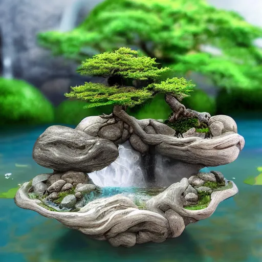 Prompt: digital art of a miniature bonsai,diorama,waterfall,artstation,3D,cartoony,amazing,water falling from platform