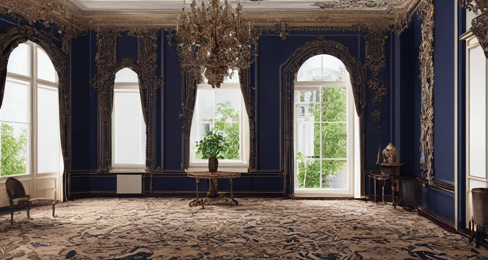 Image similar to view into an ornate baroque room with navy blue damask walls and mahogany floor, windows looking out at neatly manicured lawn and hedges, 8 k, octane render