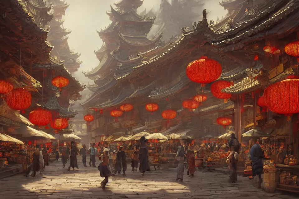 Prompt: an original game concept scene painting of an opulent marketplace street scene in chinese style ， super wide angle, magnificent and gorgeous atmosphere ， matte painting ， rtx on ， by moebius, neil blevins and jordan grimmer ， trending on cgsociety and artstation, unreal engine ， volumetric light ， surreal