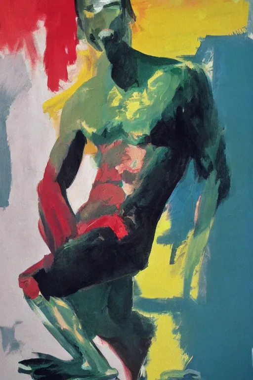 Prompt: thick paint brush strokes of a thin athletic male physique doing pullup, matte paint colors, james nares, willem de kooning