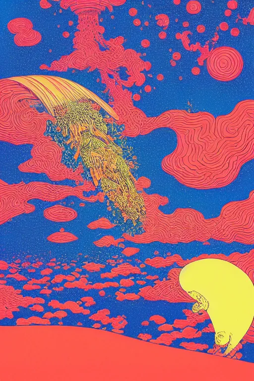 Image similar to a paper blotter tab of LSD acid melting into a surreal psychedelic hallucination, screenprint by kawase hasui, moebius and dan hillier, colorful flat surreal design, hd, 8k, artstation