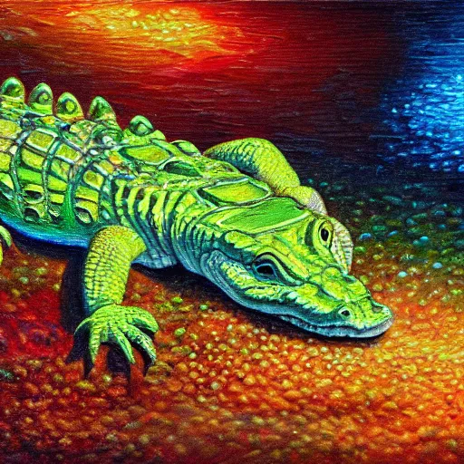 Prompt: cute baby alligator colorful luminescent detailed oil painting 4 k