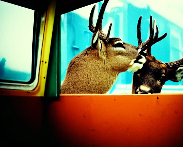 Image similar to a lomography photo of rumble between two human with deer head in soviet train this morning, bokeh,