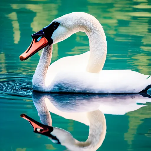 Image similar to a photo of a swan pulling a container and swimming in a blue lake, canon eos r 3, f / 1. 4, iso 2 0 0, 1 / 1 6 0 s, 8 k, raw, unedited, symmetrical balance