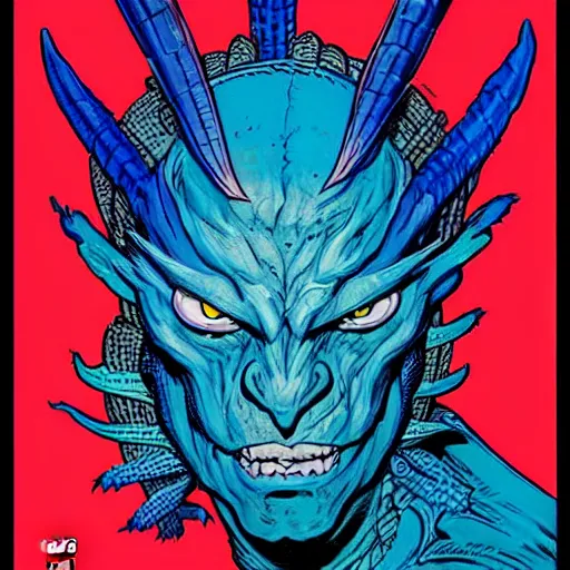 Prompt: head and shoulders portrait of a medieval d & d fantasy anthropomorphic blue dragon - headed - human hybrid with electrcity magic, comic book cover art photo by phil noto, frank miller, hr giger