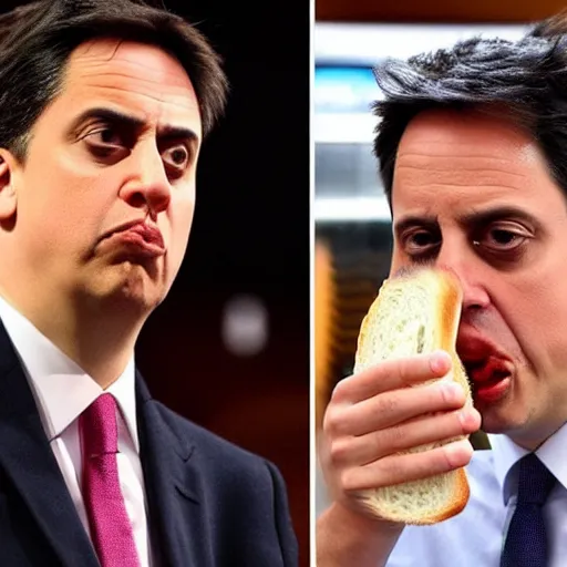 Image similar to Ed Miliband smelling sandwich on his face. Unpleasant aroma. Photo courtesy of BBC