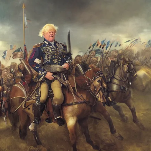 Image similar to found footage of general boris johnson leading his men into battle, glorified image, 8k, oil painting, boris johnson