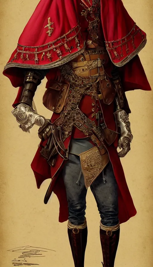 Image similar to federal commander full body portrait, stern look, late xix century red and carmesi gaucho style, ornate poncho, steppe geommetrical background, intricate, highly detailed, digital painting, artstation, concept art, sharp focus, illustration, art by Artgerm, Grafit Studio, and Greg Rutkowski, Craig Mullins, Makoto Shinkai, Stanley Artgerm Lau, WLOP, Rossdraws, James Jean, Andrei Riabovitchev, Marc Simonetti, krenz cushart, Sakimichan, D&D trending on ArtStation, digital art - W 640