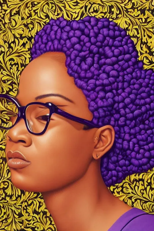 Prompt: Beautiful young woman with purple hair and glasses, artwork by Kehinde Wiley