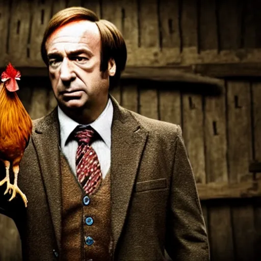 Prompt: saul goodman and a rooster in a medieval torture chamber, saw blades and knives in the background, horror movie, saul goodman, rooster!!!!, real life photo, highly detailed face