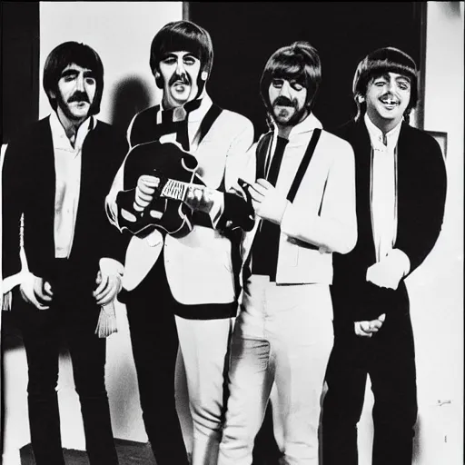 Prompt: The Beatles at a quineañera, music, band, photograph, colorful, sharp focus