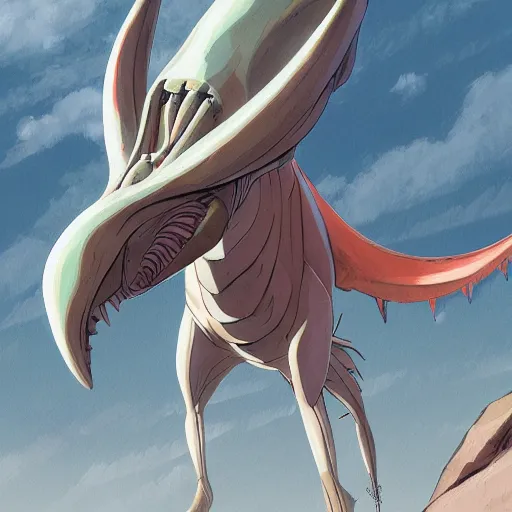 Image similar to concept art painting of an alien animal creature, detailed, cel shaded, in the style of makoto shinkai and moebius and james gurney