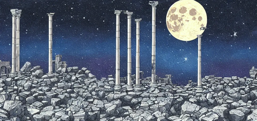 Image similar to The ruins of the Silver Millennium on the moon from Sailor Moon, digital painting, Earth in the distance, Greek-esque columns and ruins