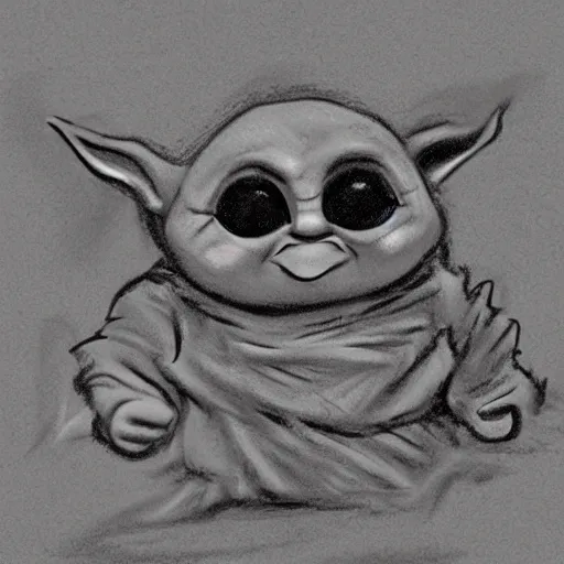 Image similar to caveman drawing of baby yoda, primitive, on a cave wall, chalk