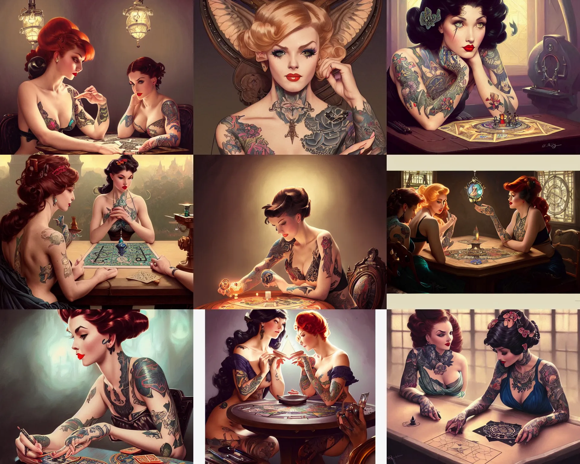 Prompt: tattooed pinup girls sit at table playing ouija, deep focus, intricate, elegant, highly detailed, digital painting, artstation, concept art, matte, sharp focus, illustration, hearthstone, art by artgerm and greg rutkowski and alphonse mucha.