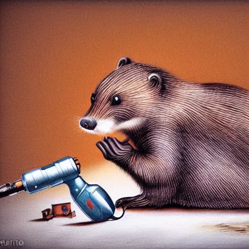 Prompt: soviet russian beaver holding a drill hyper realistic