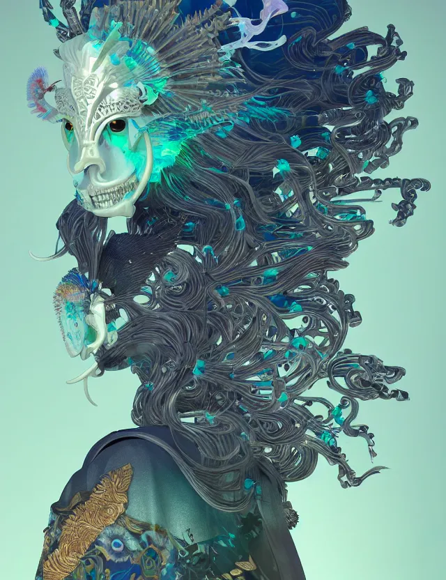 Image similar to 3 d goddess close - up profile solarpunk portrait ram skull. beautiful intricately detailed japanese crow kitsune mask and clasical japanese kimono. betta fish, jellyfish phoenix, bio luminescent, plasma, ice, water, wind, creature, artwork by tooth wu and wlop and beeple and greg rutkowski