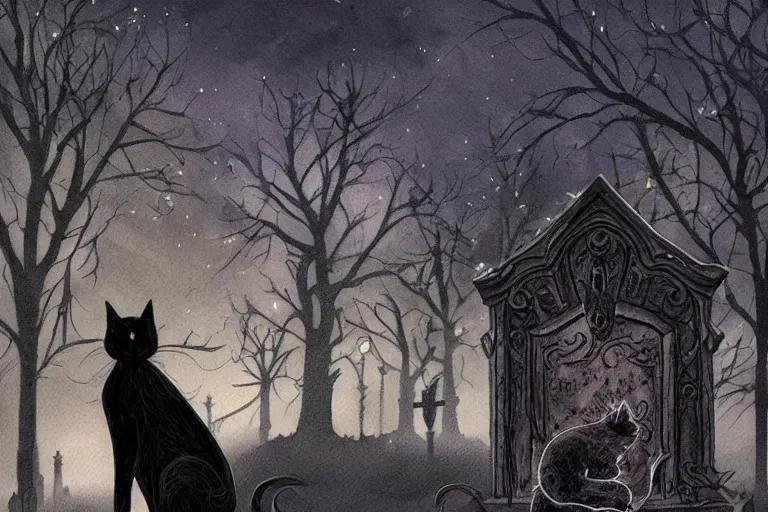 Image similar to black cat in graveyard at midnight halloween tattoo on shoulder by anton pieck, intricate, extremely detailed, digital painting, artstation concept art