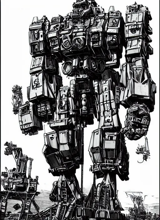 Image similar to A giant mech suit made out of pirate ship parts, bipedal, humanoid, wooden, canons attached to arms, masts for legs by Mike Deodato