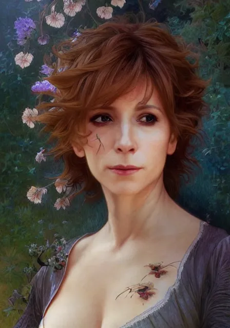 Image similar to french singer mylene farmer, intricate, elegant, highly detailed, digital painting, artstation, concept art, smooth, sharp focus, illustration, art by artgerm and greg rutkowski and alphonse mucha and william - adolphe bouguereau