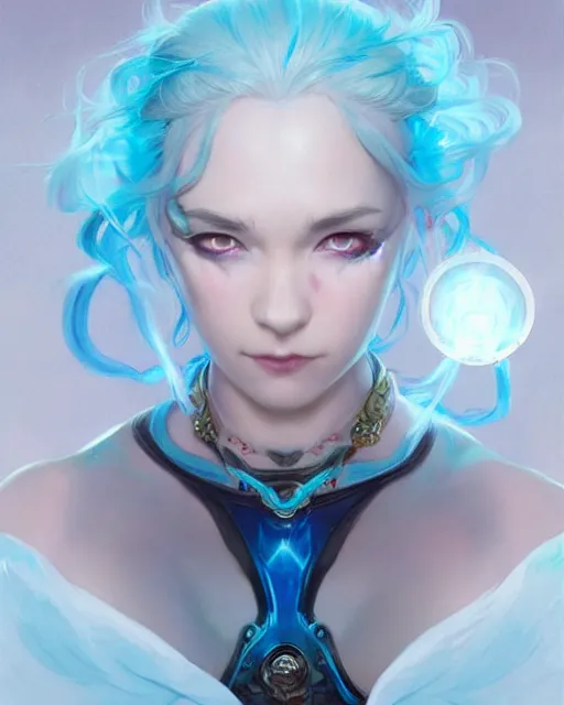 Image similar to pretty girl with a dragon back tattoo, light blue hair, rem rezero, laser lights, sharp focus, digital painting, 8 k, concept art, art by wlop, artgerm, greg rutkowski and alphonse mucha