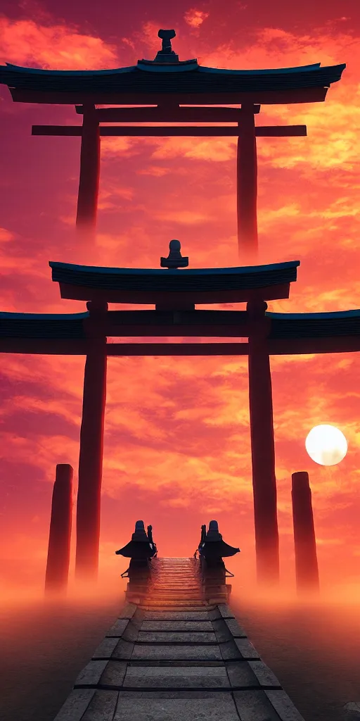 Prompt: Armed samurai standing under an enormous torii gate with the very very red rising sunrise ,hyper-realistic, your name sky, evening, octane rendering , inspired by Katsuhiro Otomo, pixelactivist