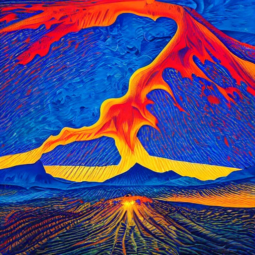 Image similar to vulcano, lava, trees on fire, surreal by dan mumford and umberto boccioni, oil on canvas