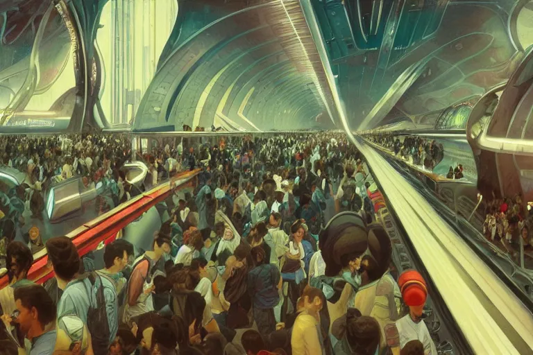Prompt: subway mayhem as people rush to get on thespace shuttle, futuristic, sci fi, 1950, highly detailed, digital painting, artstation, concept art, smooth, sharp focus, illustration, art by alphonse mucha