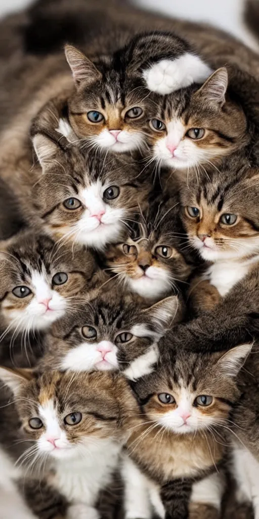 Image similar to a stack of cats curled up atop one another. a furry tower of cuddliness. cat cooperation.